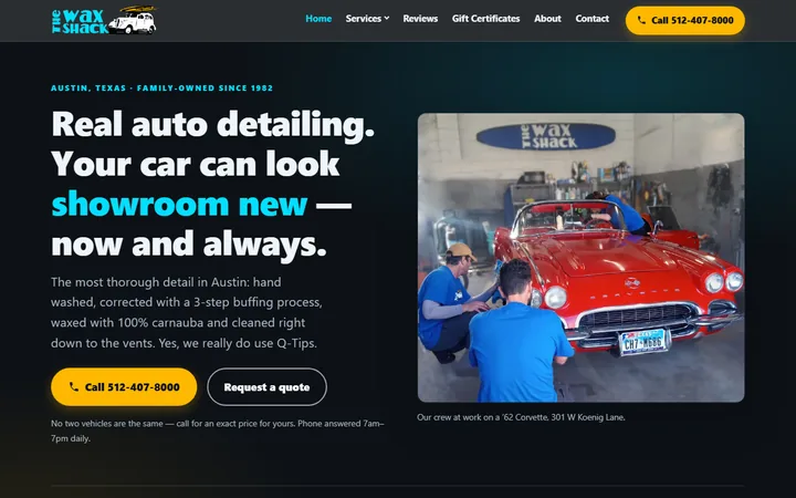 Our rebuild: the homepage we built for a car detailing shop in Austin, TX.